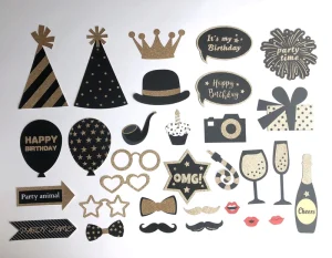 Fully Assembled Birthday Photo Booth Props Set of 31 Black & Gold Selfie Signs Party Supplies & Decorations Cute Bday Designs