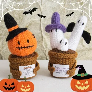 Funny Gingerbread House Potted Plant Crochet Flower Halloween Pumpkin Knitted Doll Decor for Home Office