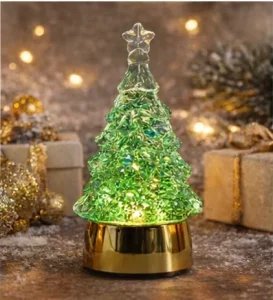 GEAVEE Glitter Glass Christmas Tree LED Light Multi Color Star Top Metallic Base Xmas Table Decor Ornament IP44 Rated Portable