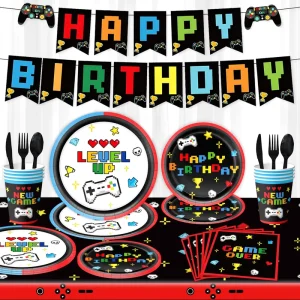 Gamer Birthday Party Decorations Video Game Plates Napkins Cups GO WIN Centerpieces Hanging Swirls Balloons Gaming Cake Topper