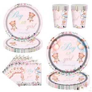 Gender Reveal Bear Pattern Party Tableware Set Welcome Baby Shower Disposable Decoration Tableware Set Paper Plate for 16 People