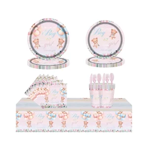 Gender Reveal Bear Theme Disposable Paper Tableware Set for Baby Shower Festivals (Christmas Thanksgiving Graduation)