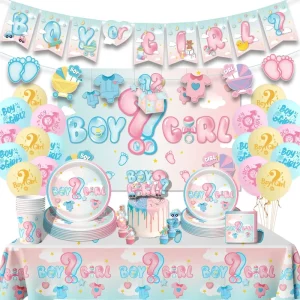 Gender Reveal Dinnerware Set for Boys Girls Tablecloth Balloon Decorations Set