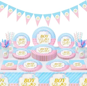 Gender Reveal Party Tableware Set Boy or Girl Paper Plates Cups Napkins Straws Tablecloth Banner Baby Shower Decorations