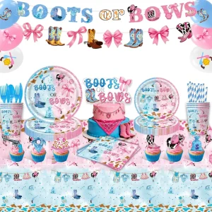 Gender Reveal Themed Tableware Kit Blue Pink Denim Boots Bows Baby Party Decoration Paper Plates Banner Cake Toppers Balloon Set