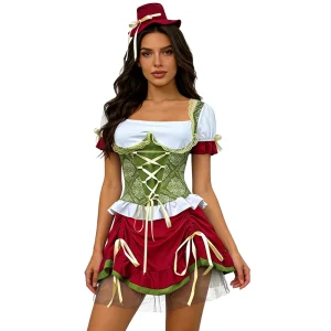 German Traditional Folk Dress Bavarian Style Oktoberfest Dirndl Dress Women’s Costume Set Red Green Contrast Performance