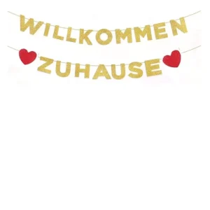 German WELCOME Glitter Heart Paper Pull Flag Welcome Home Retirement Party Decoration Banner