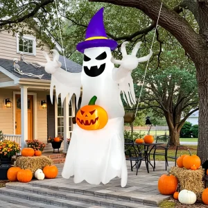 Giant Halloween Inflatable Pumpkin Skeleton with Ghost 6ft Outdoor Blow up Yard Decoration with Built in LEDs for Spooky Party