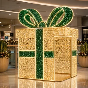 Giant Walk In LED Christmas Gift Box Motif Light with Seating for Theme Park Plaza Shopping Mall Festival Outdoor Decoration