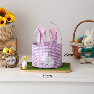 Gingham Bunny Ear Easter Colorful Fabric Egg Buckets Rabbit Design Portable Handle Storage Baskets for Kids Easter Hunts