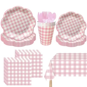 Gingham Plates and Napkins Party Supplies Checkered Plates Sets Scalloped Gingham Paper Plate for Picnic for 10 Guests