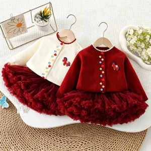 Girls 2Pcs Outfit Cartoon Pony Knit Cardigan Colorful Buttons Fluffy Tulle Tutu Skirt Set Kids Daily Clothes Africa