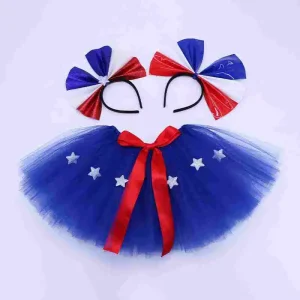 Girls American Flag Star Print Tutu Skirt Soft Fluffy White Blue Red Tulle Ballet Dresses Adults Children Festival Party Costume