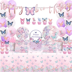 Girl’s Birthday Party Supplies Set Pink Butterfly Design Paper Tableware & Tablecloths Cups & Cutouts for Decorations
