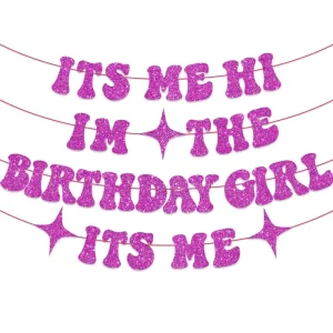 Girls’ Birthday Themed Paper Party Decoration Flag Garland Banner with Pink Design No Flagpole