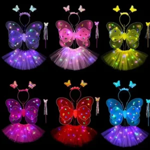 Girls Butterfly Angel Wing Costume Set with Luminescent Fairy Wings for School Stage Props and Party Supplies