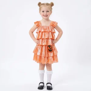 Girls Casual Solid Halloween Pumpkin Costume Orange Ruffle Tiered 2 Piece Outfit Set Cami Top Skirt with Beaded Bag