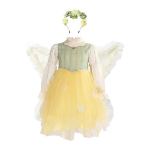 Girls Children Angel Fairy Dress Yellow Green Long Sleeve Cotton Tulle Wings Flower Crown TV Movie Easter Ready Ship Clearance