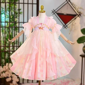 Girls Children Summer Hanfu Dress Clothing Chinese Style Performance Costume Flower Apparel Kids Princess Party Dance Birthday
