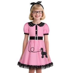 Girls Children’s Dress 1950s Retro Style Echo Pink Polyester Outfit Holiday Party Performance Costume