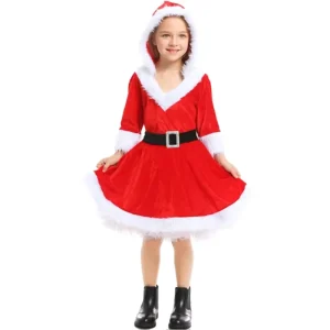 Girls Christmas Dress New Year Festival Xmas Party Santa Clause Cosplay Costume Velvet Dress Hat Suit