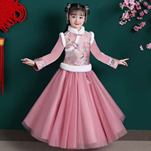 Girls’ Hanfu Ancient Costume Guzheng Children’s Performance Festive Primary School Student Clothing Autumn Winter Floral