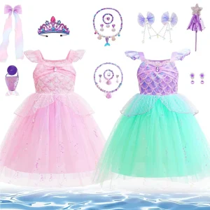Girls Mermaid Princess Dress Costume Set with Tiara Wand & Accessories for Kids Halloween Birthday Party Dress up