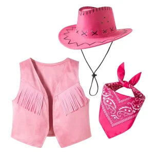 Girls Pink Western Cowboy Vest Skirt Costume Set Novelty Special Fancy Dress for Kids Stage Performance Theme Party Cosplay
