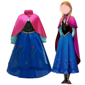 Girls Summer Turtleneck Dresses Fairy Anna Elsa Princess Costume with Rose Cape Made of Cotton for Dress up