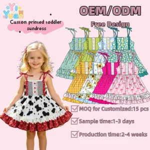 Girls Tie Strap Tiered Ruffle Summer Floral Gingham Polka Dot Sling Dresses Toddler Milk Silk Casual Custom Print Kids Dress
