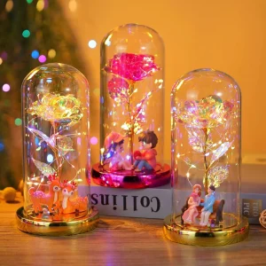 Glass Dome Rose LED Light with Figurine Base Galaxy Eternal Flower Lamp for Home Decor Valentine’s Day Wedding Christmas Gift