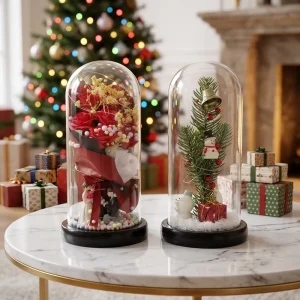 Glass Dome with Artificial Flowers for Wedding Decoration and Home Decoration with LED Light