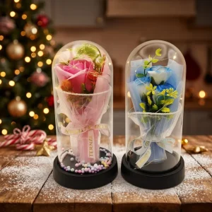 Glass Dome with Artificial Flowers for Wedding Decoration and Home Decoration with LED Light