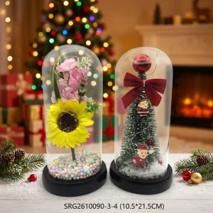 Glass Dome with Artificial Flowers for Wedding Decoration and Home Decoration with LED Light
