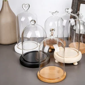 Glass Dust Proof Display Dome Cloche Bell Jar Tabletop Decorative Candle Cover with Wooden Base Decorative Glass Cloche Jar