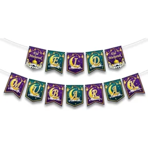 Glitter Eid Mubarak Ramadan Banner with Gold Moon and Star Design 16x11cm Paper for Muslim Party Supplies