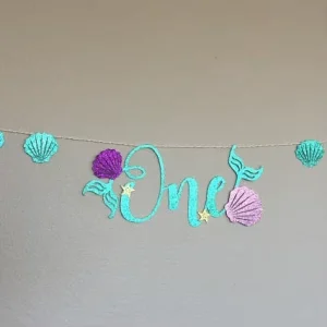 Glitter Mermaid Paper Pull Flag Garland First Birthday Decoration Pendant ONE Baby Girl Happy Birthday Party Bunting Banner