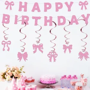 Glitter Paper Black Bow Happy Birthday Banner Garland Hanging Swirls for Girl Black Bow Coquette Birthday Party Decorations