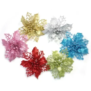 Glitter Poinsettia Flower Xmas Tree Ornaments Christmas Flowers Christmas Decorations for Home New Year Party Supplies