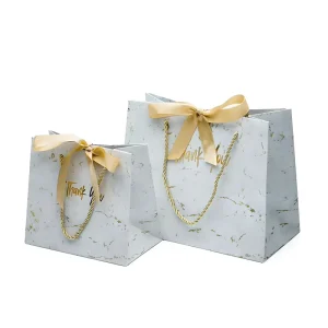 Gloss Waterproof Coated Paper Silk Ribbon Bow Marble Gold Foil Print Holiday Gift Store Shopping Bag