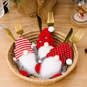 Gnome Design Christmas Cutlery Storage Holders Fork Spoon Knife Organizer Tableware Party Holiday Dinner
