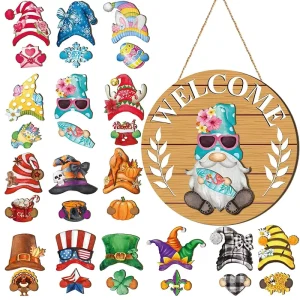 Gnome Welcome Sign Christmas Porch Decor Seasonal Decor Wood Winter Wreath Hangers for Front Door Holiday Gnomes Decorations