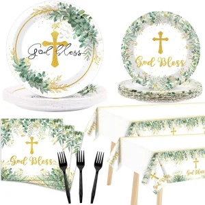 God Bless Plates and Napkins Baptism Tableware First Holy Communion Tableware for Christening Celebration Baby Shower Supplies