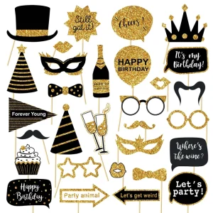 Gold Black Birthday Photo Booth Props Kit Funny Selfie Party Decorations for 40th 50th 60th Birthday Wedding Celebration