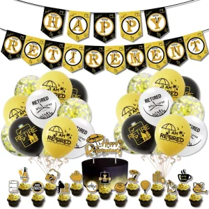 Gold Black Happy Retirement Themed Party Banner Garland with Cake Topper Latex Balloons Backdrop Decorations Festive Supplies
