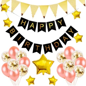 Gold Black Pink Helium Foil Happy Birthday Balloon with the Flag Banner Set for the Birthday Celebration Party Decorations