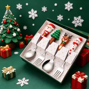 Gold Christmas Stainless Steel Dinnerware Sets Santa Claus Tree Doll Design Fun Cute Spoon Fork Dining Table Set
