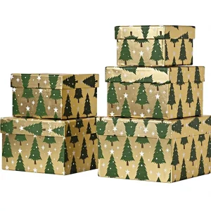 Gold Christmas Tree Print Christmas Gift Box Square Gift Multi Size Storage Box Holiday Gift Packaging Window Display Decoration