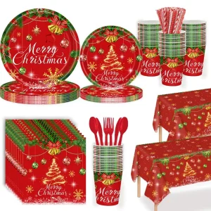 Gold Christmas Tree Theme 161 Piece Disposable Paper Tableware Party Set Plates Cups Napkins Tablecloth Cutlery Combo Pack