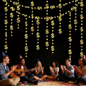 Gold Colorful Dollar Sign Christmas Birthday Party Hanging Garland Banner Photo Booth Backdrop Durable Paper Indoor